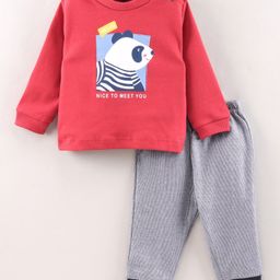Zero Full Sleeves T-Shirt & Joggers Set Panda Print - Red-picture-0