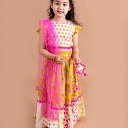 Pspeaches Short Sleeves Floral Motif Printed Tassel Detail Choli With Lehenga And Dupatta - Yellow-image-86
