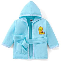 Babyhug Knit Terry Full Sleeves Hooded Bath Robe with Dino Patch - Blue-image-44