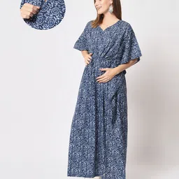 Aujjessa Three Fourth Batwing Sleeves Seamless Floral Swirl Printed Maternity Kaftan With Concealed Zipper Feeding Access - Indigo Blue-picture-33