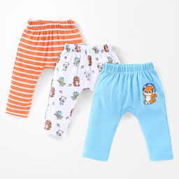 Babyhug Cotton Full Length Diaper Pants Stripes & Tiger Print Pack of 3- Blue Orange & White-image-28