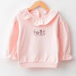 LC Waikiki Full Sleeves Frill Detailed Placement Flowers Printed Cotton Crew Neck Sweatshirt - Pink-picture-4