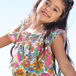 Babyhug Cotton Knit Frill Sleeves Top with Smocking and Floral Print - Multicolour-image-74