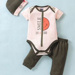 Mini Taurus Cotton Half Sleeves Onesie with Leggings & Cap Cartoon Print - Olive Green-image-61