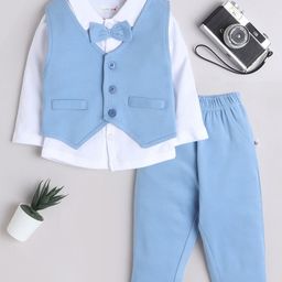 BUMZEE Full Sleeves Solid 3 Piece Shirt & Pant Set - Powder Blue & White-image-97