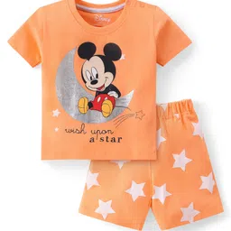 Babyhug Disney Cotton Knit Half Sleeves Night Suit With Mickey Mouse Print - Orange-picture-27