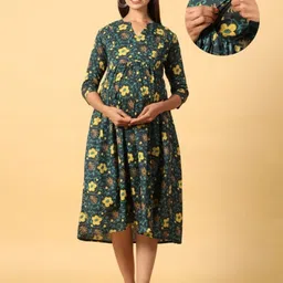 CRAFIQA Three Fourth Sleeves Floral Printed Maternity Dress With Concealed Zipper Nursing Access - Dark Green-picture-44