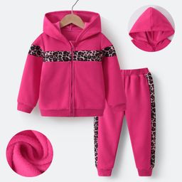 Kookie Kids Full Sleeves Hooded Front Zipper Winter Wear Suit With Leopard Print - Fuchsia-image-31