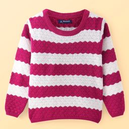 Pine Kids Knitted Full Sleeves Textured Pullover Sweater - White & Fuchsia-image-48