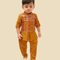 ETHNIKS NEURON Chanderi Silk Full Sleeves Solid Kurta Pyjama With Floral Embroidered Jacket - Mustard-image-26