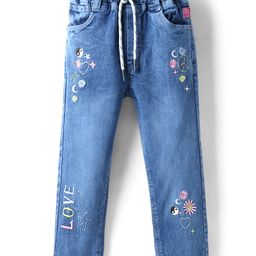 Olio Kids Woven Full Length Denim Jeans With Floral & Text Embroidery - Light Blue-image-66