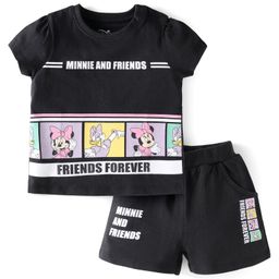 Babyhug Disney Cotton Knit Half Sleeves T-Shirt & Shorts Set With Minnie & Friends Graphics - Black-image-54