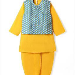 Babyhug Cotton Woven Full Sleeves Solid Kurta Dhoti Set with Printed Jacket - Mustard-image-23