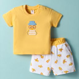 ToffyHouse Cotton Woven Half Sleeves T-Shirt & Shorts Set with Duck Embroidery - Yellow & White-image-22