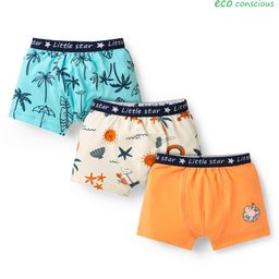 Babyoye Cotton Elastane Knit Trunks With Tree & Star Fish Print Pack Of 3 - Orange Light Blue & Cream-image-57
