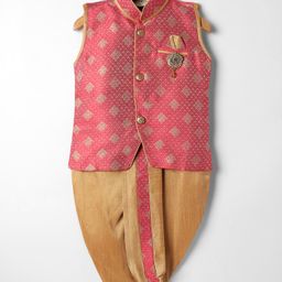 Dapper Dudes Sleeveless Ethnic Motifs Embroidered Coordinating Dhoti Kurta - Red-image-92