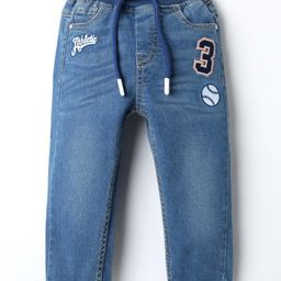 Babyhug Denim Full Length Washed Jeans With Stretch & Text Print - Blue-image-90