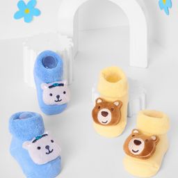 Kicks & Crawl Cotton Pack Of 2 Bear 3D Applique Detailed Anti Skid Socks - Blue & Yellow-image-24