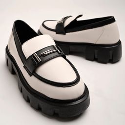 Shoetopia Metal Applique Detailed Colour Blocked Loafers - White-image-70