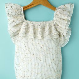 arias by lara dutta Arias Woven Pleated Fabric Ruffles Sleeves Top with Foil Print - White-picture-2