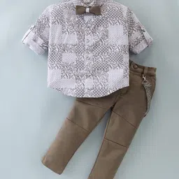 Dapper Dudes Full Sleeves Paisley Printed Shirt With Suspender Bow & Pant Set - Brown-picture-23