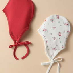Ben Benny Interlock Knit Tie Knot Caps with Solid & Floral Print Pack of 2 Red & White - Diameter 12.5 cm-2
