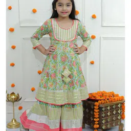 Ka-mee Cotton Woven Three Fourth Sleeves Floral Printed & Gota Lace Embellised Kurta Sharara Set - Green-picture-23