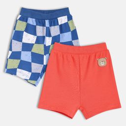 MINI KLUB Cotton Knit Pack Of 2 Abstract Checked & Teddy Bear Patch Detailed Shorts - Coral & Blue-image-55
