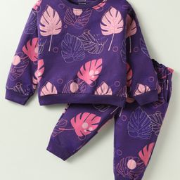 CUCUMBER Sinker Knit Full Sleeves Co-Ord Night Suit With Leaf Print - Purple-image-82