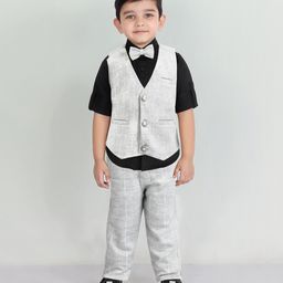 MASHUP Satin Woven Full Sleeves Textured 3 Piece Party Suit With Bow - Grey-image-70