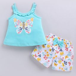 Snuggly MONKEY 100% Cotton Jersey Knit Sleeveless Butterfly Printed Sequins Embellished Coordinating Top & Shorts Set - Mint-image-24