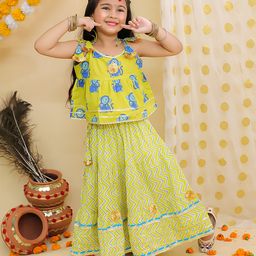 BownBee Pure Cotton Woven Sleeveless Monkeys Printed & Gota Lace Embellished Lehenga Choli Set - Yellow-picture-19