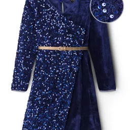 Hola Bonita Knit Full Sleeves Velvet Sequin Asymmetrical Party Dress with Belt - Navy Blue-picture-7