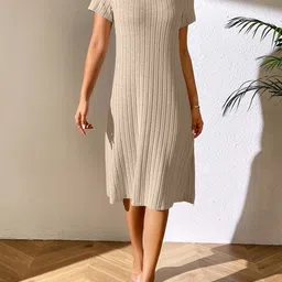 Outzidr Women Striped Round Neck A-Line Midi Dress-image-62