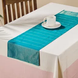 Fabindia Teal Blue Striped Chanderi Table Runner-30