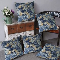 Blue Grass Blue & White 5 Pieces Geometric Printed Velvet Square Cushion Covers-image-64