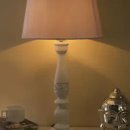 Homesake White Floral Carved Wood Table Lamp with White Drum Shade (Bulb Included) - Set of 1-37