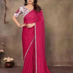 Odette Pink Georgette Solid Saree With Unstitched Blouse-picture-20