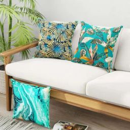 Bianca Suzane Teal & Gold Micro Fiber Reversible Printed Cushion Covers - Set of 3-49