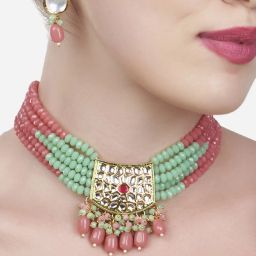 Zaveri Pearls Peach & Green Multistrand Beaded Choker Necklace & Earring Set-ZPFK13731 image 1