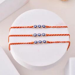 Aapno Rajasthan Red Set of 3 Evil Eye Beads Casual Rakhi with Roli Chawal & Greetings Card-picture-6
