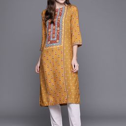 Biba Women Mustard Yellow & Blue Ethnic Motifs Printed Kurta-picture-7