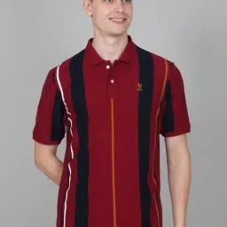 Cantabil Red Regular Fit Striped Polo T-Shirt-image-74
