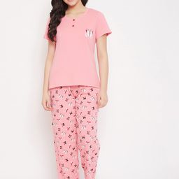 Clovia Women Pink & Red Printed Night Suit-51