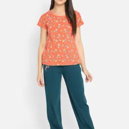 Clovia Orange & Teal Printed T-Shirt With Pyjamas-image-6