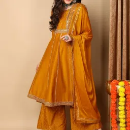 Vaamsi Yellow Embroidered Anarkali Kurta With Palazzo & Dupatta image 1