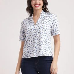 Fablestreet Blue & White Floral Print Top-image-38