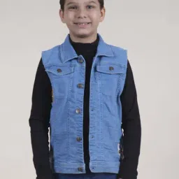 Kiddopanti Boys Light Wash Blue Solid Coats Jackets-image-93