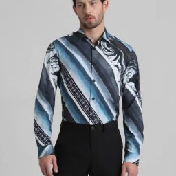 Jack & Jones Black Iris & Blue Cotton Slim Fit Printed Shirt-image-34