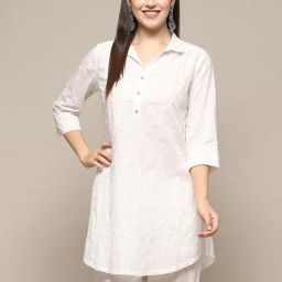 Biba White Cotton Embroidered A Line Short Kurti-image-25